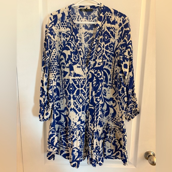 Blue and White Printed Flowy Mini-dress - Picture 1 of 4